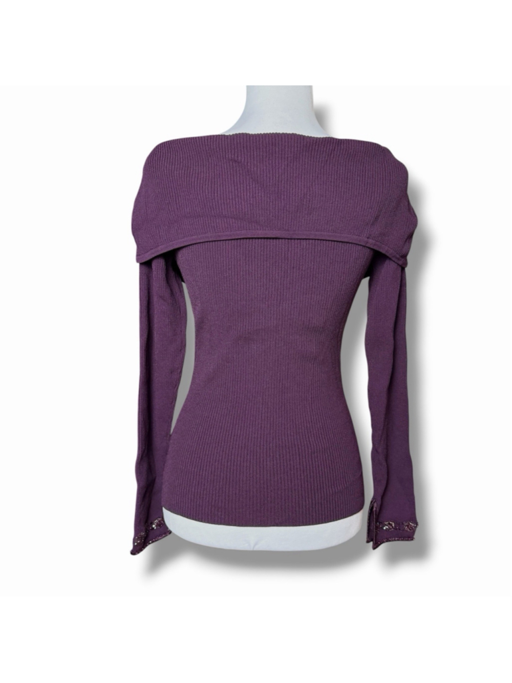 Cache Y2K 90s Purple M Gabrielle Solis Off Shoulder Beaded Zip Up Sweater Ribbed - Picture 6 of 16